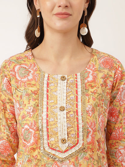 Yellow Ethnic Hand Block Floral Print Cotton Kurta, Trouser With Dupatta