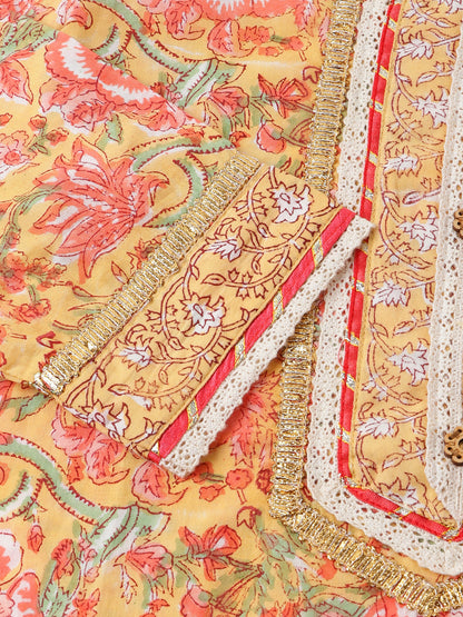 Yellow Ethnic Hand Block Floral Print Cotton Kurta, Trouser With Dupatta