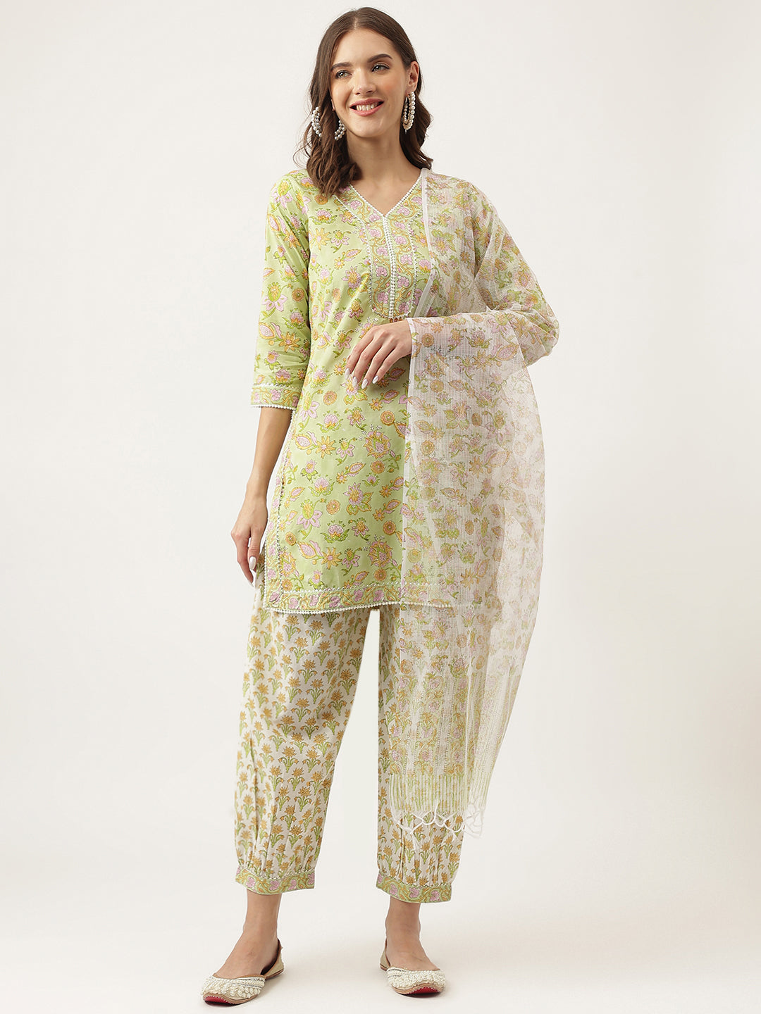 Green Floral Printed Cotton Straight Short Kurta Set, trousers with Dupatta