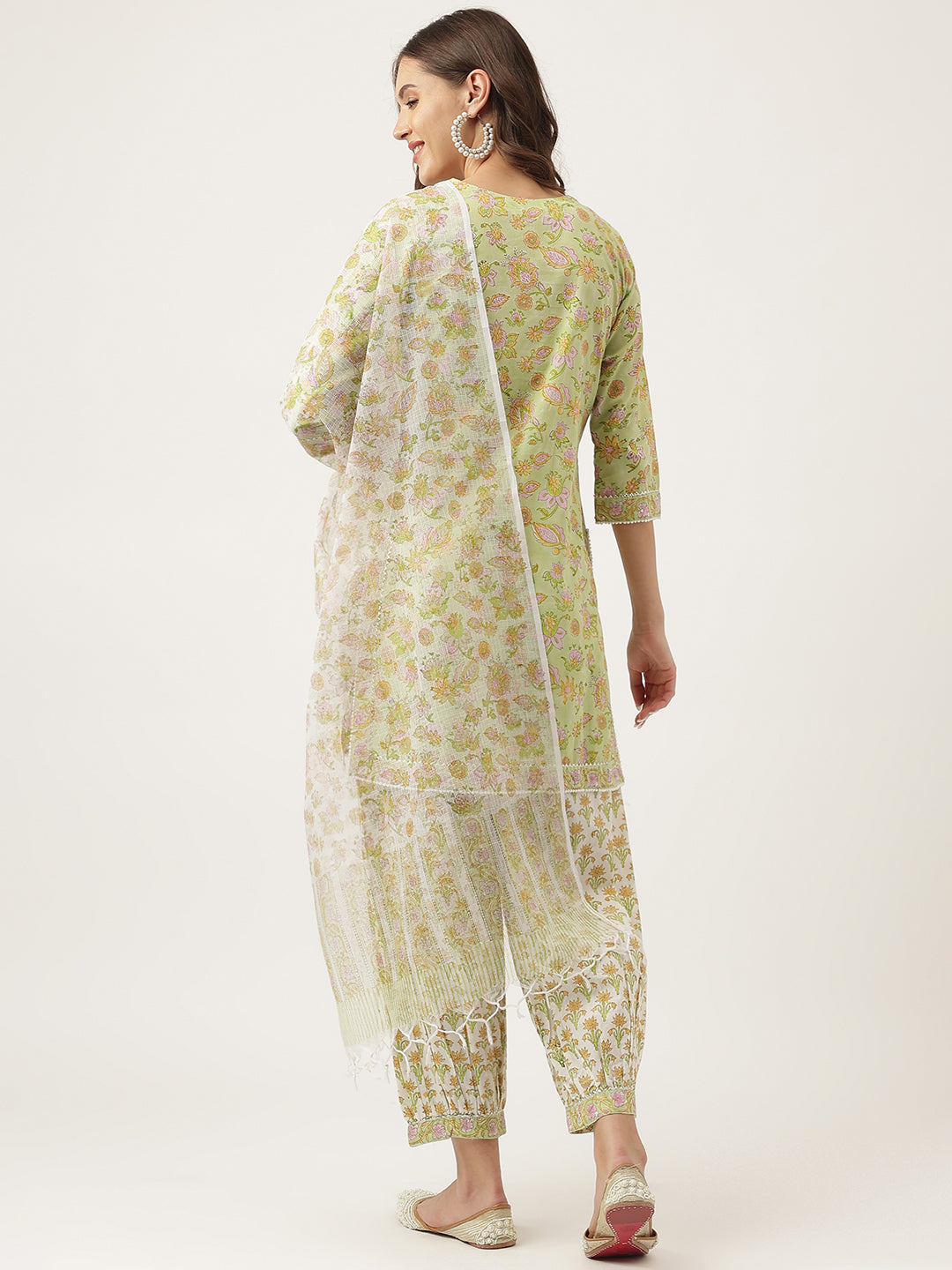 Green Floral Printed Cotton Straight Short Kurta Set, trousers with Dupatta