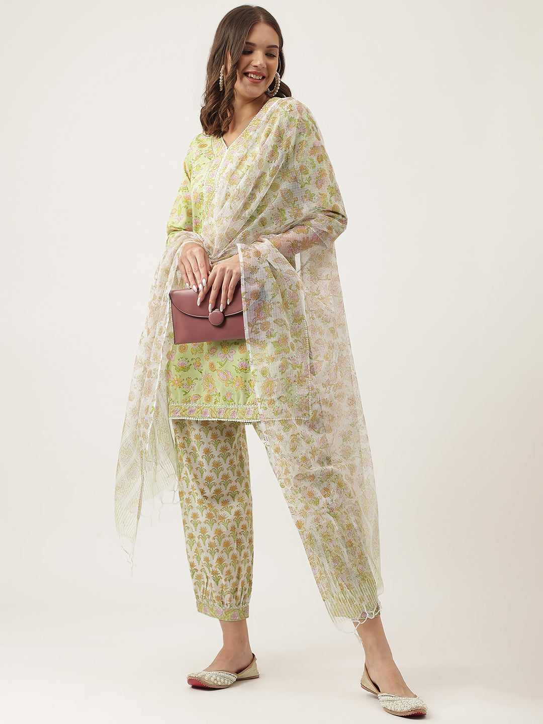 Green Floral Printed Cotton Straight Short Kurta Set, trousers with Dupatta