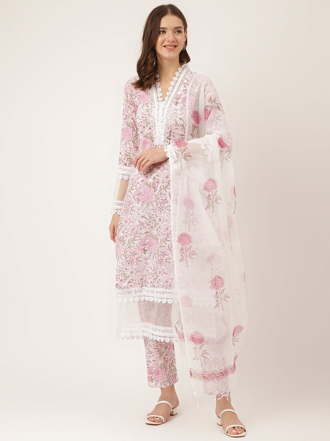 White Hand Block Floral Print Cotton Women Kurta, Trouser & Dupatta