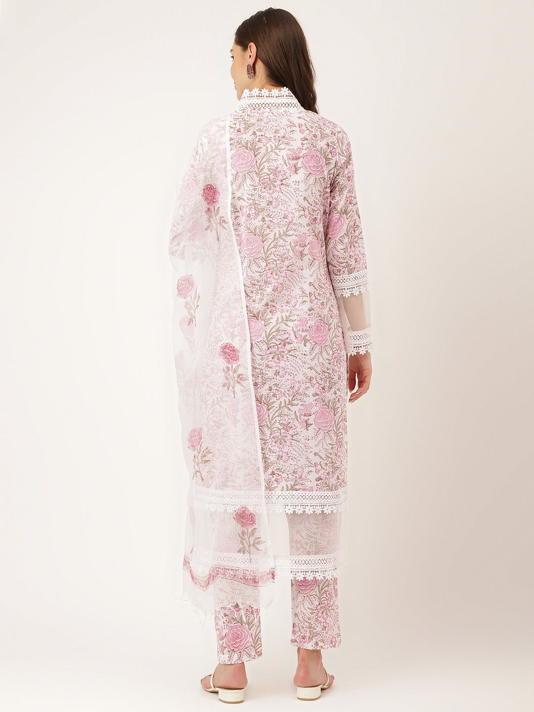 White Hand Block Floral Print Cotton Women Kurta, Trouser & Dupatta