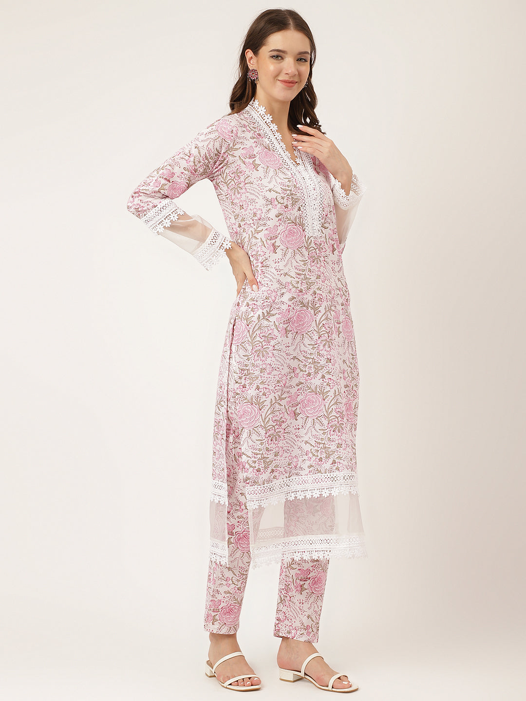 White Hand Block Floral Print Cotton Women Kurta, Trouser & Dupatta