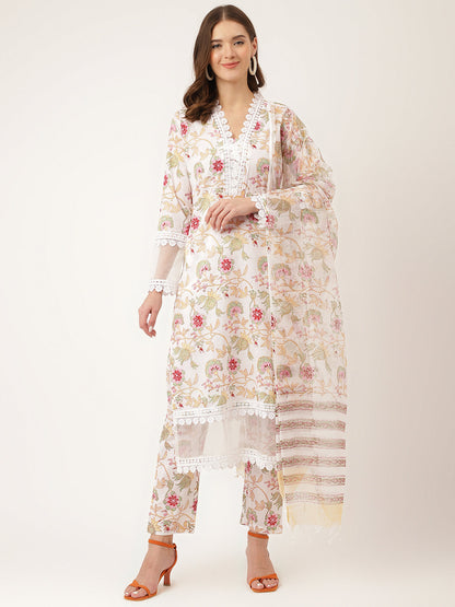 White Hand Block Floral Print Cotton Women Kurta, Trouser With Dupatta