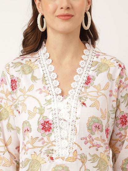 White Hand Block Floral Print Cotton Women Kurta, Trouser With Dupatta