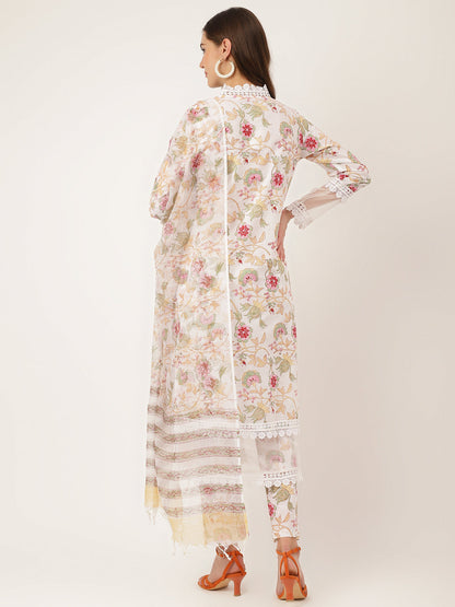White Hand Block Floral Print Cotton Women Kurta, Trouser With Dupatta