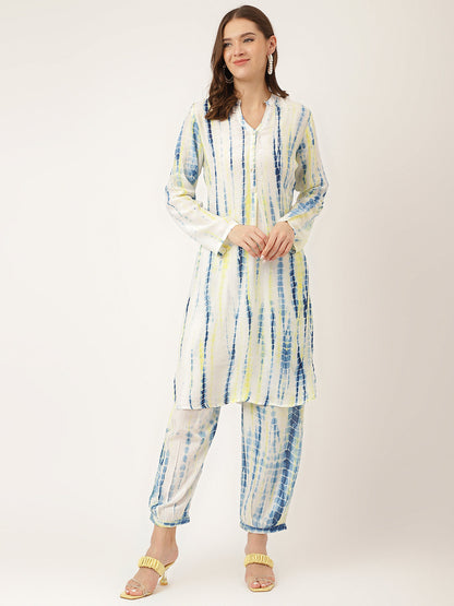 Light Blue Tie Dye Cotton Women Co-ord Set With Kurta and Herem Pant