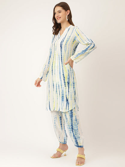 Light Blue Tie Dye Cotton Women Co-ord Set With Kurta and Herem Pant