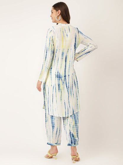 Light Blue Tie Dye Cotton Women Co-ord Set With Kurta and Herem Pant