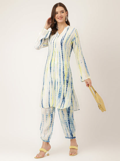 Light Blue Tie Dye Cotton Women Co-ord Set With Kurta and Herem Pant