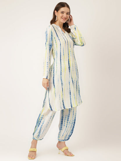Light Blue Tie Dye Cotton Women Co-ord Set With Kurta and Herem Pant