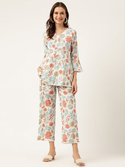 Women Floral Printed Pure Cotton Tunic With Trousers Co-ord Sets
