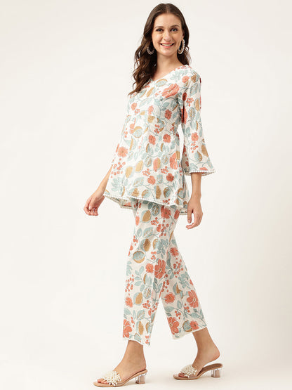 Women Floral Printed Pure Cotton Tunic With Trousers Co-ord Sets
