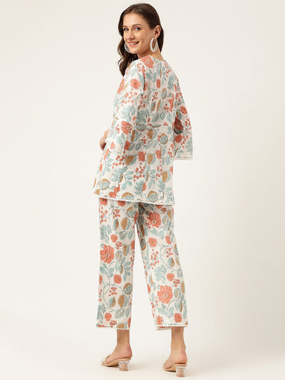 Women Floral Printed Pure Cotton Tunic With Trousers Co-ord Sets