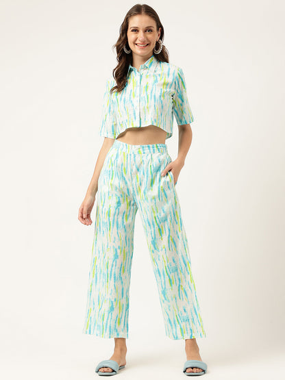 Women White Blue Dyed Pure Cotton Shirt With Trousers Co-ord Sets