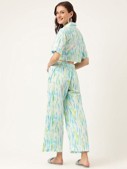 Women White Blue Dyed Pure Cotton Shirt With Trousers Co-ord Sets