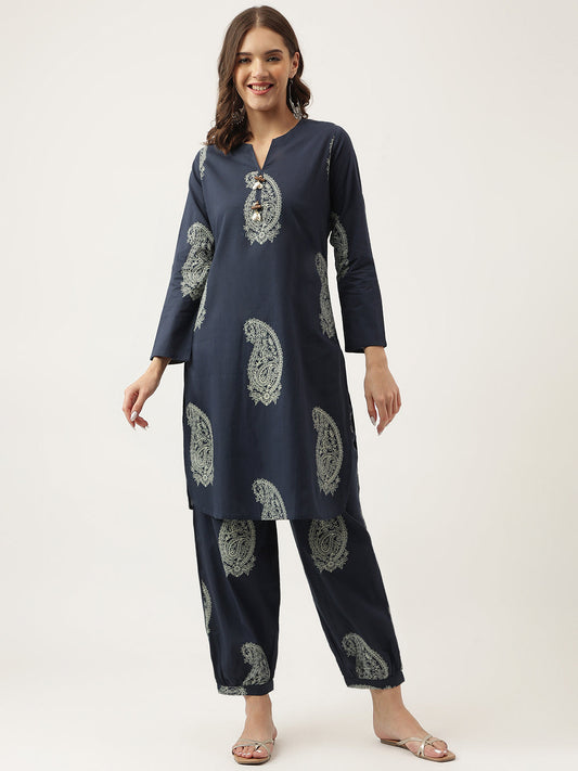 Navy Cotton Paisley Print Kurta Hem Cuffed Pant Set For Women