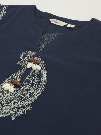 Navy Cotton Paisley Print Kurta Hem Cuffed Pant Set For Women