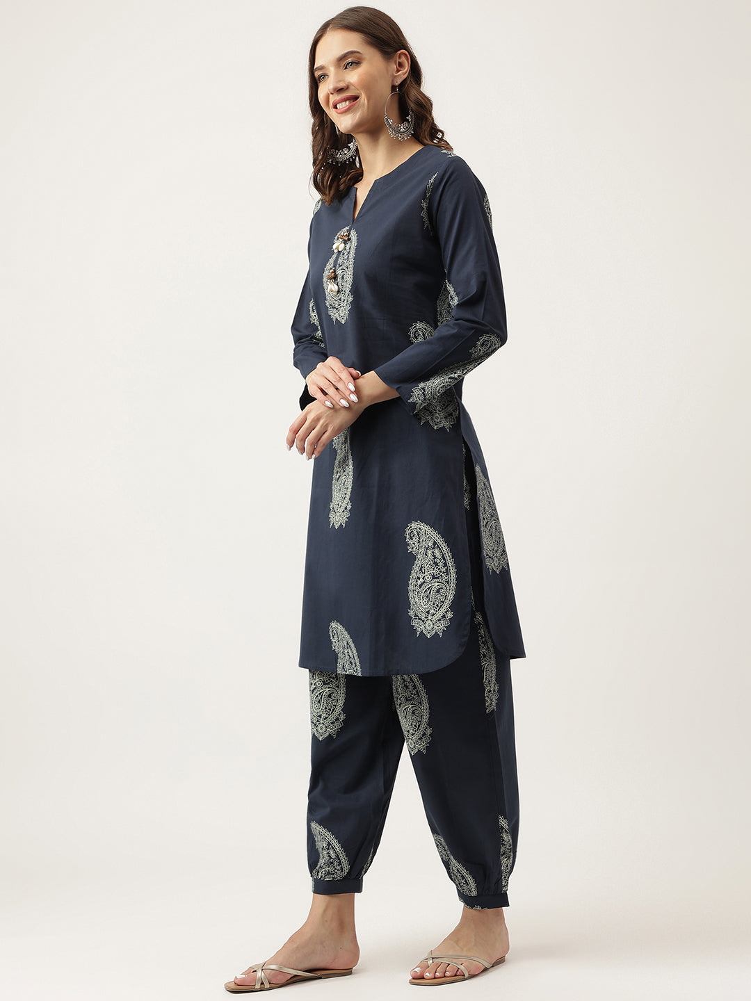 Navy Cotton Paisley Print Kurta Hem Cuffed Pant Set For Women