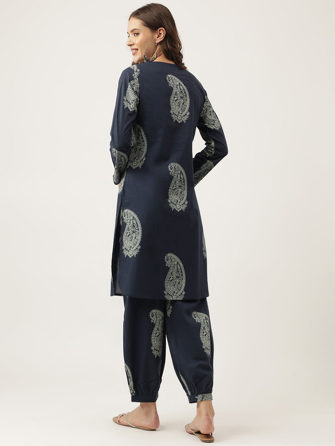 Navy Cotton Paisley Print Kurta Hem Cuffed Pant Set For Women