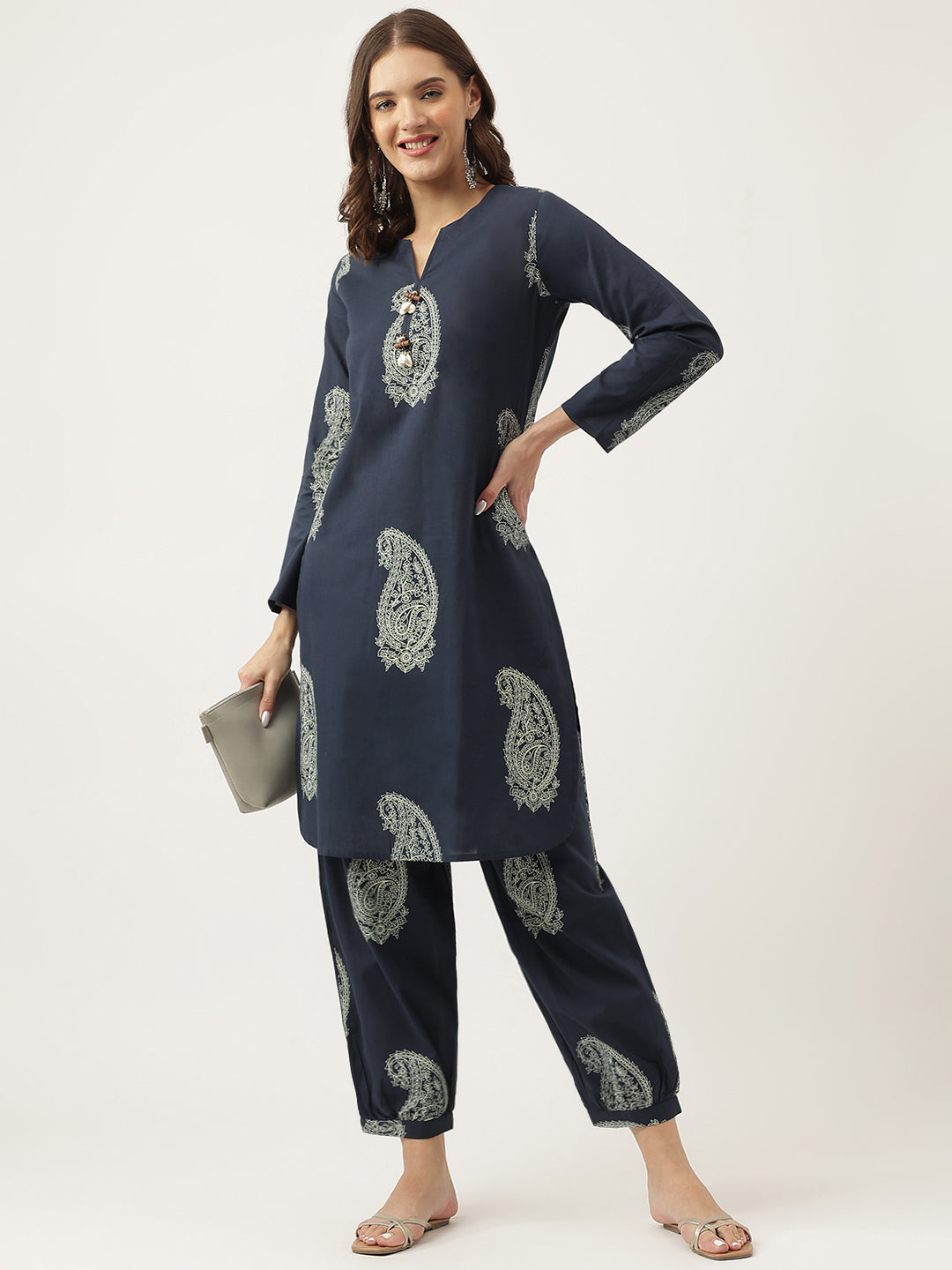 Navy Cotton Paisley Print Kurta Hem Cuffed Pant Set For Women