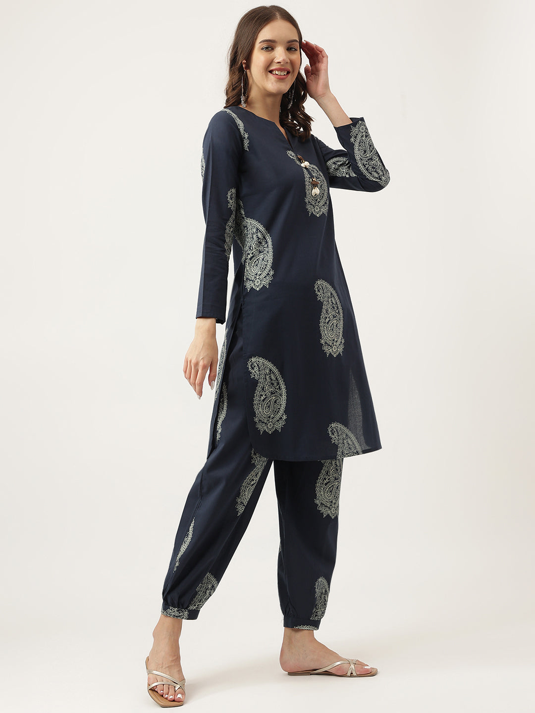 Navy Cotton Paisley Print Kurta Hem Cuffed Pant Set For Women