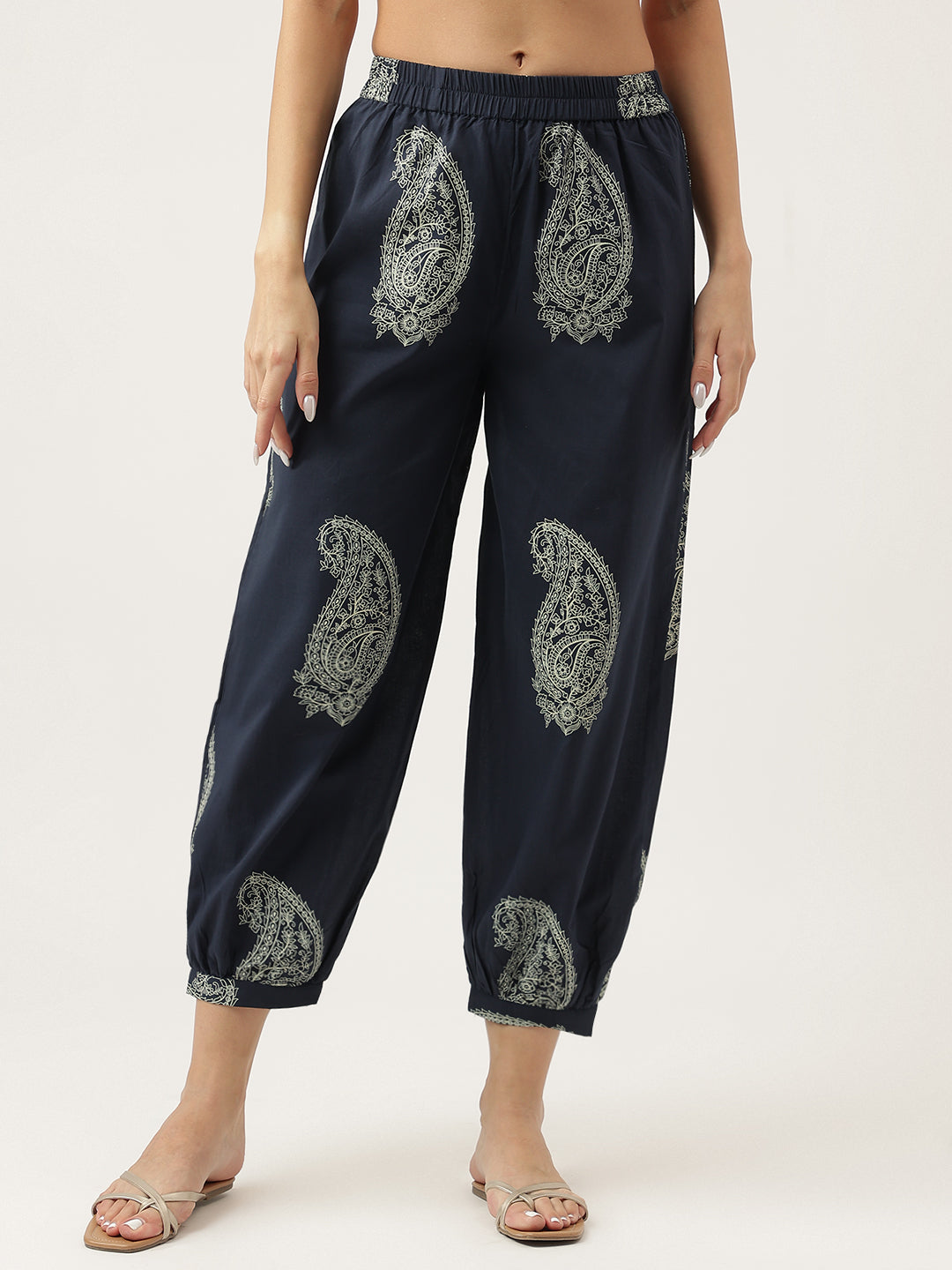 Navy Cotton Paisley Print Kurta Hem Cuffed Pant Set For Women