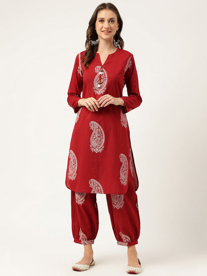 Maroon Paisley Print Cotton Co-ord Set For Women With Gota Work