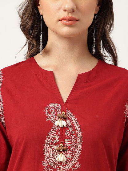Maroon Paisley Print Cotton Co-ord Set For Women With Gota Work