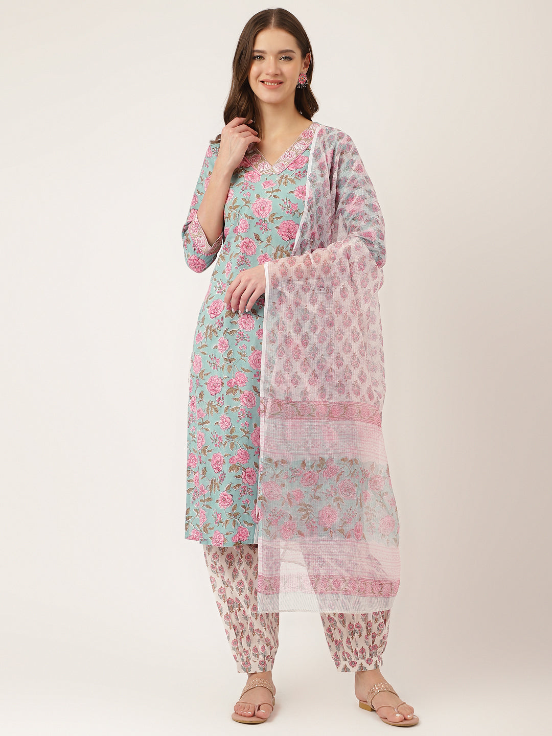 Blue Hand Block Floral Cotton Kurta Set Salwar & Dupatta For Women