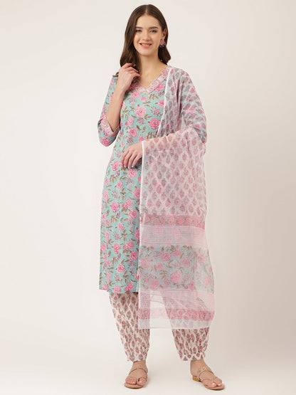 Blue Hand Block Floral Cotton Kurta Set Salwar & Dupatta For Women