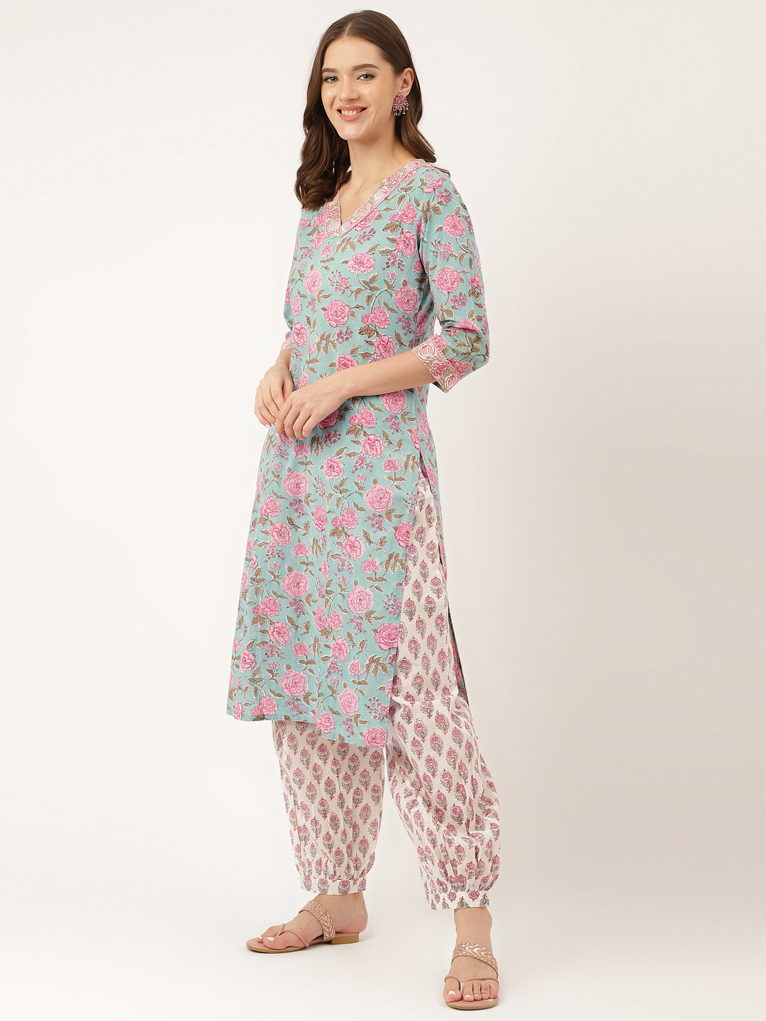 Blue Hand Block Floral Cotton Kurta Set Salwar & Dupatta For Women