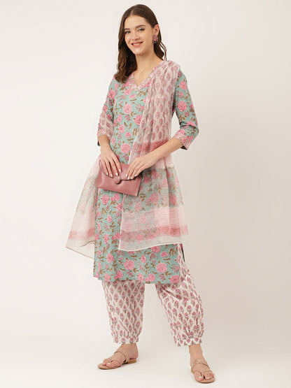Blue Hand Block Floral Cotton Kurta Set Salwar & Dupatta For Women