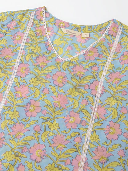 Blue Hand Block Floral Print Cotton Kurta Set Trouser Dupatta For Women