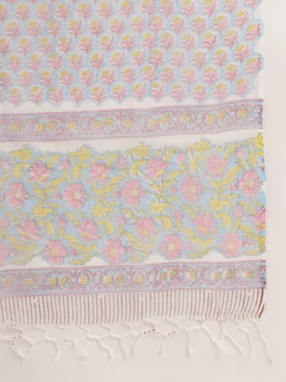 Blue Hand Block Floral Print Cotton Kurta Set Trouser Dupatta For Women