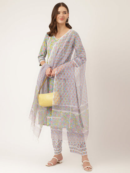 Blue Hand Block Floral Print Cotton Kurta Set Trouser Dupatta For Women