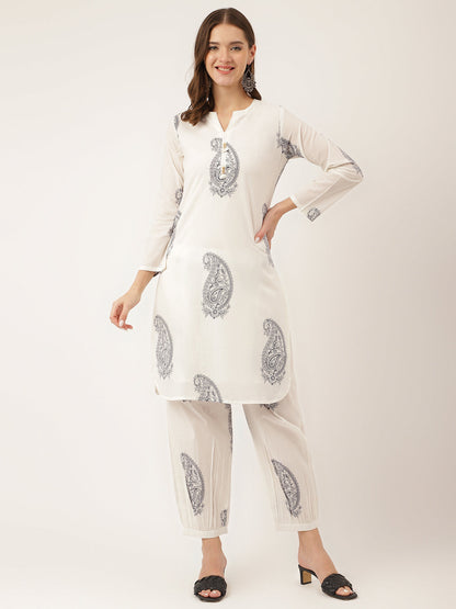 White Printed Cotton Women Co-ord Set with Mulmul Cotton Lining