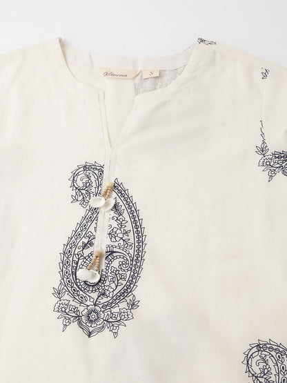 White Printed Cotton Women Co-ord Set with Mulmul Cotton Lining