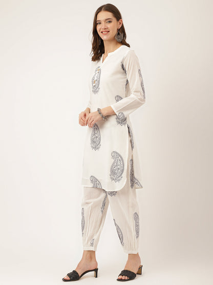 White Printed Cotton Women Co-ord Set with Mulmul Cotton Lining