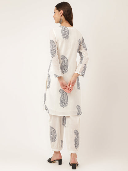 White Printed Cotton Women Co-ord Set with Mulmul Cotton Lining