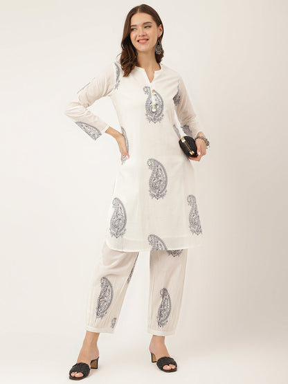White Printed Cotton Women Co-ord Set with Mulmul Cotton Lining