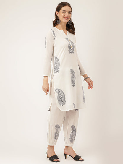 White Printed Cotton Women Co-ord Set with Mulmul Cotton Lining