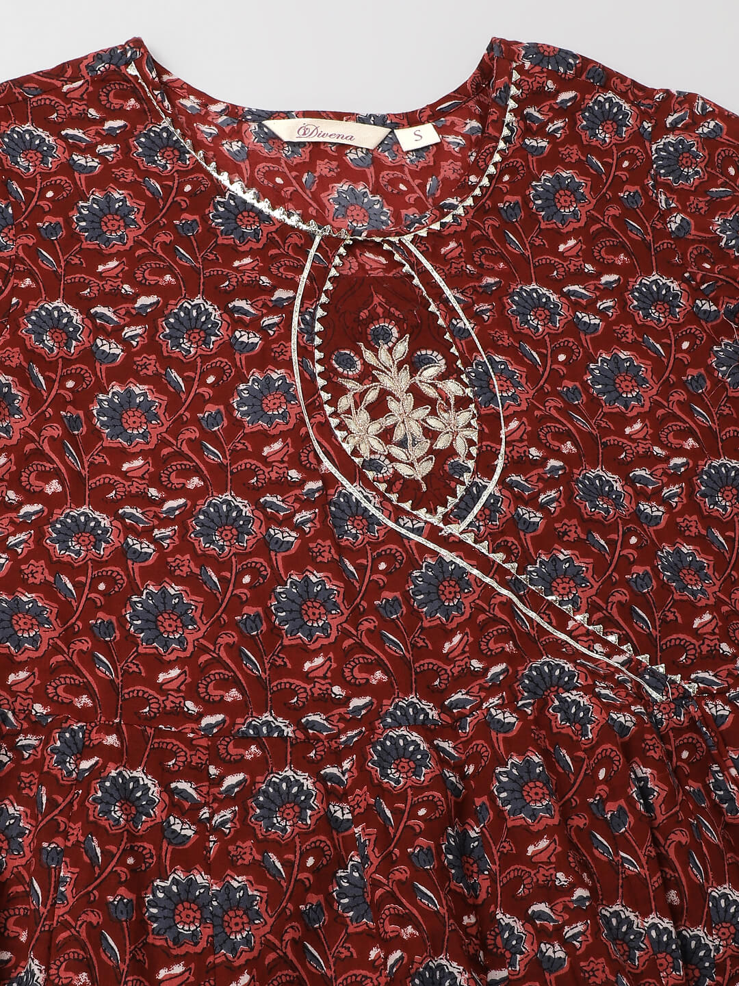 Maroon Floral Printed Cotton Anarkali Kurta Set with Dupatta