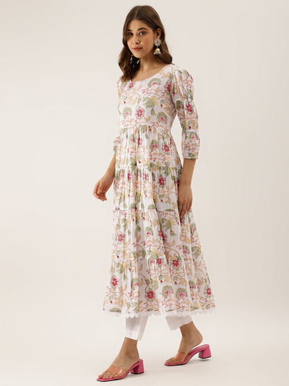 Ethnic White Handblock Floral Printed Cotton Anarkali Kurta Set with Kota Doria Dupatta
