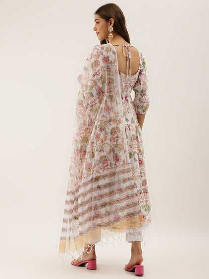 Ethnic White Handblock Floral Printed Cotton Anarkali Kurta Set with Kota Doria Dupatta