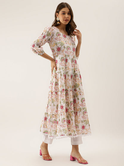 Ethnic White Handblock Floral Printed Cotton Anarkali Kurta Set with Kota Doria Dupatta