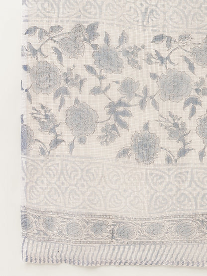 Sky Blue Floral HandBlock Printed Cotton Straight Kurta, trousers with Dupatta Set