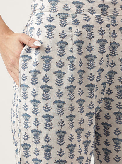 Sky Blue Floral HandBlock Printed Cotton Straight Kurta, trousers with Dupatta Set