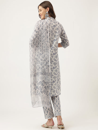 Sky Blue Floral HandBlock Printed Cotton Straight Kurta, trousers with Dupatta Set